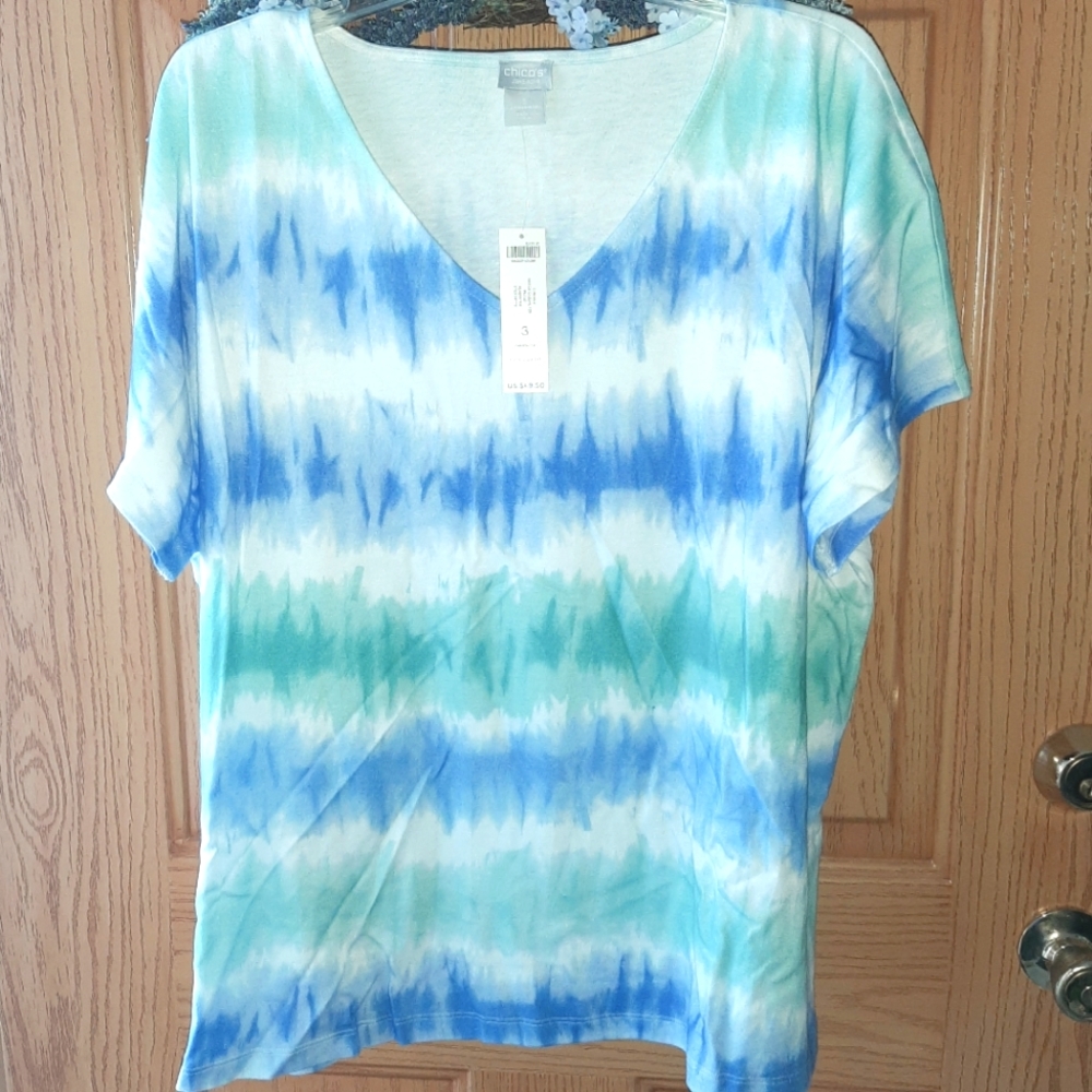 Sold ^ NWT Chico's Zenergy V-neck SS Casual Tee, Chicos Size 3, blue aqua - Picture 2 of 7